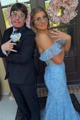 Blue Floral Lace Off-the-Shoulder Ruffle Long Prom Dress