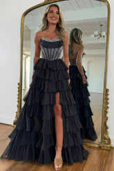 Black - A Line Strapless Chiffon Beaded Corset Long Prom Dress With Slit