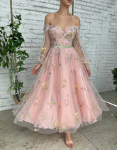 A-line Light Pink Embroidery Off the Shoulder Prom Dress