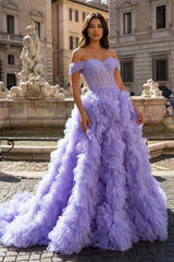 A Line Off the Shoulder Ruffled Tulle Prom Dress with Slit