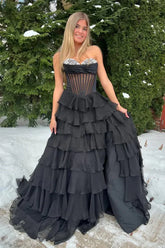 Black - Sweetheart A Line Chiffon Ruffled Formal Prom Dresses With Beading