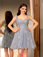 A Line Sweetheart Tulle Floral Short Homecoming Dress