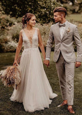 A Line V Neck Bohemian Wedding Dresses
