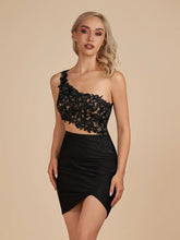 Black - One Shoulder Bodycon Satin Short Homecoming Dresses With Appliques
