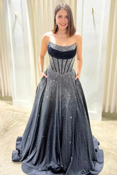 Black - Strapless A Line Satin Beaded Long Prom Dresses With Pockets