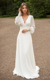 A-Line Floor Chiffon Long Sleeve Wedding Dress with Sequins and Train
