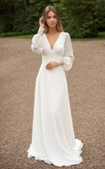 A-Line Floor Chiffon Long Sleeve Wedding Dress with Sequins and Train