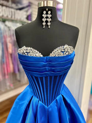 A-Line Beaded Sweetheart Royal Blue Satin Prom Dress