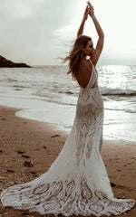 Beach Floral Mermaid Plunging Boho Lace Wedding Dress with Sweep Train