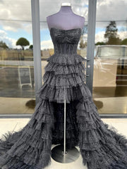 Black Strapless High Low Ruffles Tulle Prom Dress