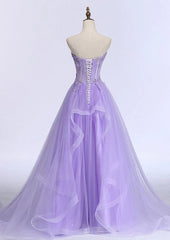 A-line Sweetheart Sleeveless Sweep Train Tulle Prom Dress With Beading Appliqued