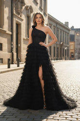 A Line One Shoulder Tiered Long Prom Dress