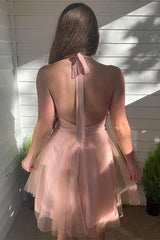 A-line Blush Deep V-Neck Tulle Homecoming Dress