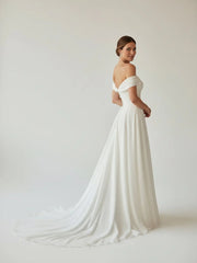 A-Line Chiffon Sleeveless Off-the-Shoulder Wedding Dress with Ruching Floor Length