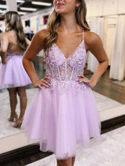 A-Line Backless Tulle Appliqued Homecoming Dress