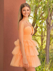 A Line Tulle Orange Keyhole Halter Short Homecoming Dress with Ruffles
