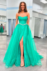 Ball Gown Strapless Green Tulle Beaded Long Prom Dresses with Slit