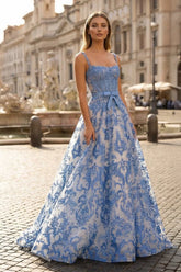 Blue A Line Square Neck Tulle Applique Long Prom Dresses with Lace Appliques