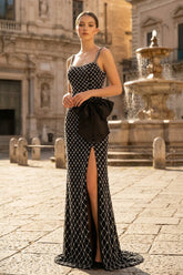 Black Spaghetti Straps Sheath Satin Beaded Formal Prom Dresses With Bowknot