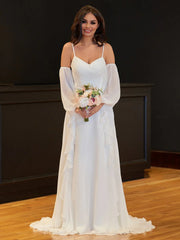 A-Line Chiffon Detachable Puffy Sleeves Wedding Dress
