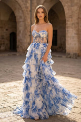 Blue Floral Printed Sweetheart Chiffon Tiered A-Line Long Corset Prom Dress