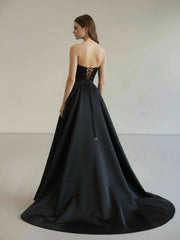 Black Strapless Satin Long Prom Dress With High Split