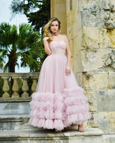 A-line Corset Strapless Tulle Prom Dress with Ruffles