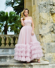 A-line Corset Strapless Tulle Prom Dress with Ruffles