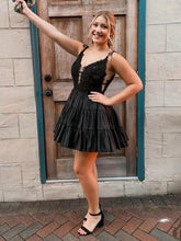 Black - V Neck Satin A Line Ruffles Homecoming Dresses With Appliques