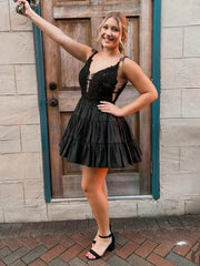 Black - V Neck Satin A Line Ruffles Homecoming Dresses With Appliques