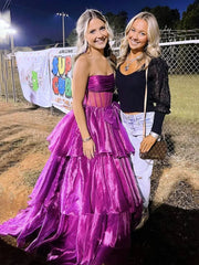 Ball Gown Strapless Organza Long Prom Dresses with Bow