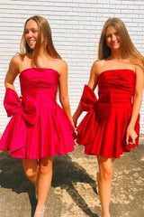 A-Line Strapless Pleated Party Dress with Bow
