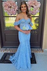 Blue Floral Lace Off-the-Shoulder Ruffle Long Prom Dress