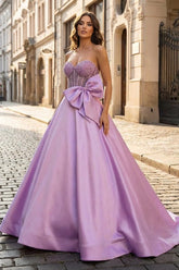 A-Line Sweetheart Lilac Beaded Long Prom Dresses With Bow
