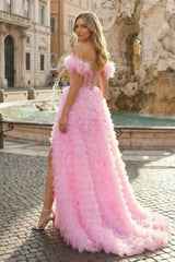 A Line Sweetheart Tiered Tulle Long Prom Dress With Slit