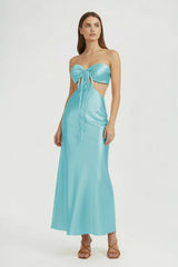 Aqua Sweetheart Sheath Satin Open Back Prom Dresses With Cutout