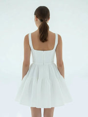 A-Line Boat-Neck Mini-Length Sleeveless Satin Pleats Wedding Dress