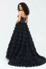 A-Line Sweetheart Tiered Tulle Prom Dress with Slit