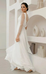 A-Line Chiffon Maxi Wedding Dress Minimalist Sleeved Pearl Button Low Back Bridal Gown
