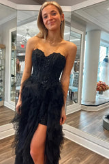Amberlyn | Black Strapless Sweetheart Ruffles Tulle High Slit Prom Formal Dress