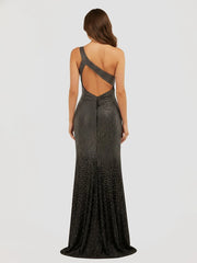 Black One Shoulder Sheath Beaded Prom Dress With Split