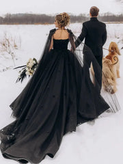 A-Line Black Gothic Wedding Dress 3D Flowers Tulle With Cape