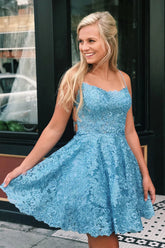 A-Line Lace Short Sky Blue Homecoming Dress