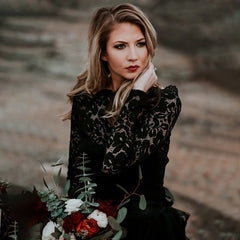 A-Line Black Lace Appliqued Wedding Dress With Train