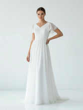 A Line V-neck Chiffon Floor-length Brush Train Short Sleeve Wedding Dress with Ruffles