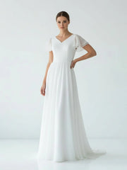 A Line V-neck Chiffon Floor-length Brush Train Short Sleeve Wedding Dress with Ruffles