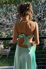 Aqua Sheath Spaghetti Straps Long Satin Prom Dresses With Cut out