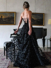 A-Line Strapless 3D Flowers Black Long Prom Dresses with Slit