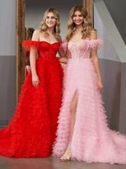 A Line Sweetheart Tiered Tulle Long Prom Dress With Slit