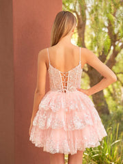 A-Line Pink Sequins Tiered V-Neck Short Homecoming Dress